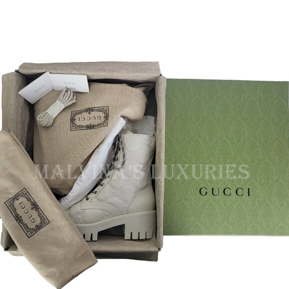 GUCCI BOOTS ANKLE WHITE GG LOGO LEATHER QUILTED LACE-UP  sz 41 11 US - Picture 14 of 15